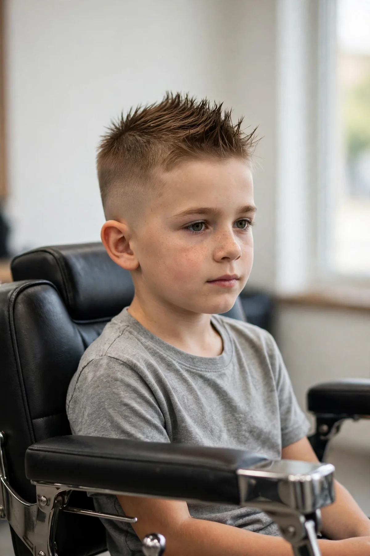 Boy with mini mohawk with taper, one of the best haircuts for boys, styled in a barbershop — a popular boys hairstyle with a clean finish