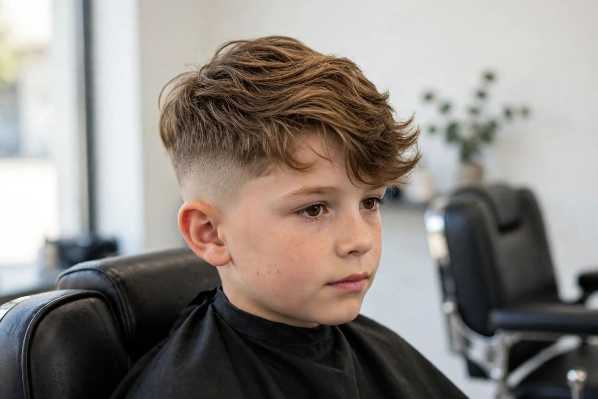 Boy with long top short sides, one of the best haircuts for boys, styled in a barbershop — a popular boys hairstyle with a clean finish