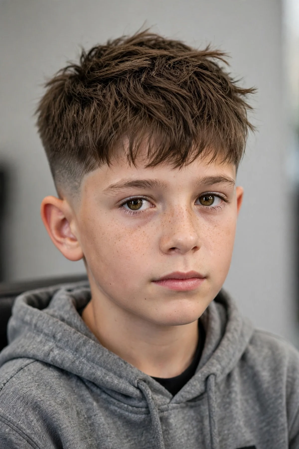 Low fade boys haircut with textured long top — choppy textured hair on top with a low fade on the sides