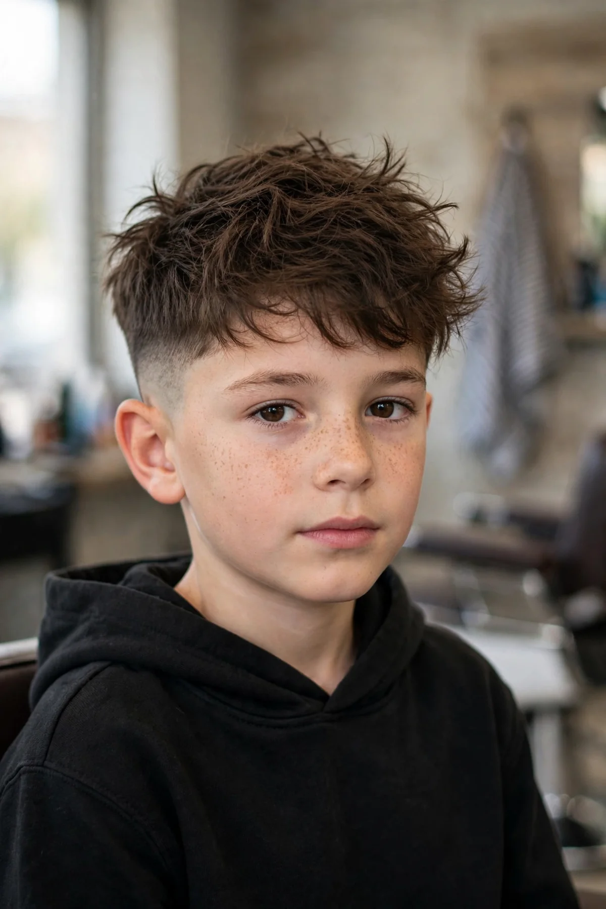 Mid fade boys haircut with messy long top — tousled messy hair on top with a clean mid fade