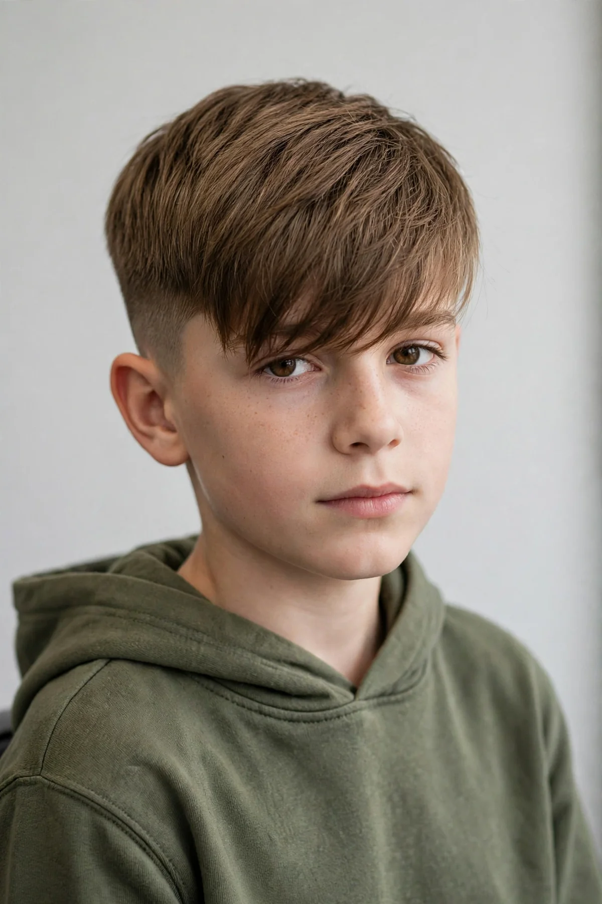 Undercut boys haircut with long fringe — long fringe falling forward over short undercut sides