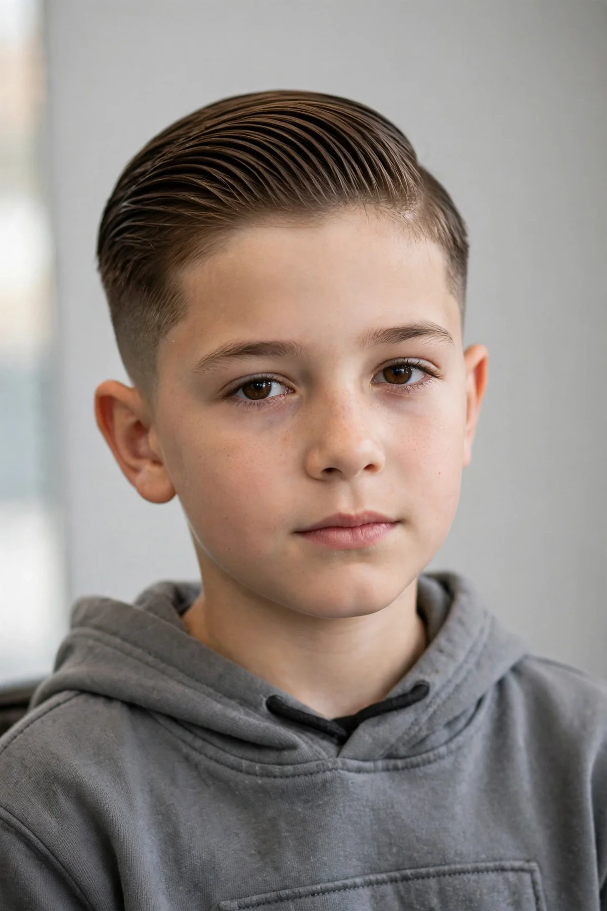 Slicked back undercut boys haircut — long top slicked back over short undercut sides