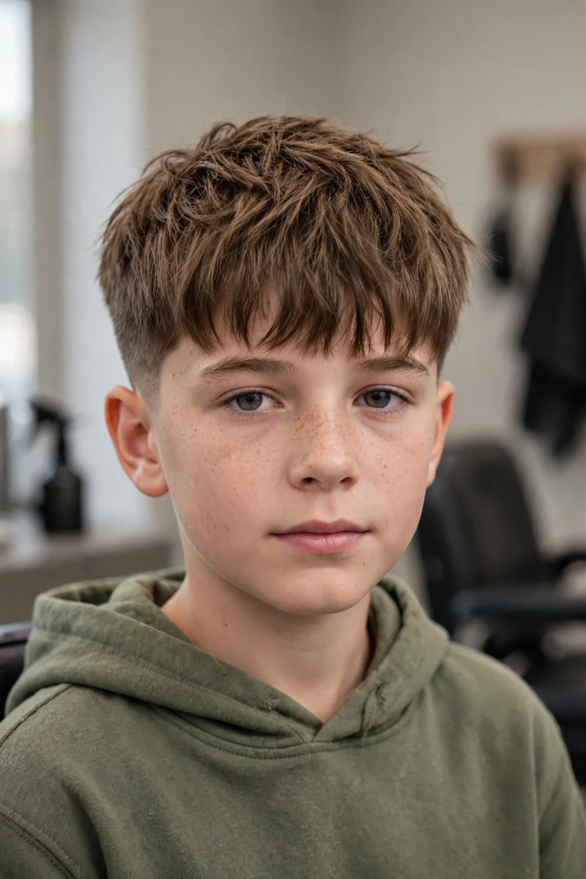 Textured fringe boys haircut with low taper — messy textured fringe with a low taper on the sides