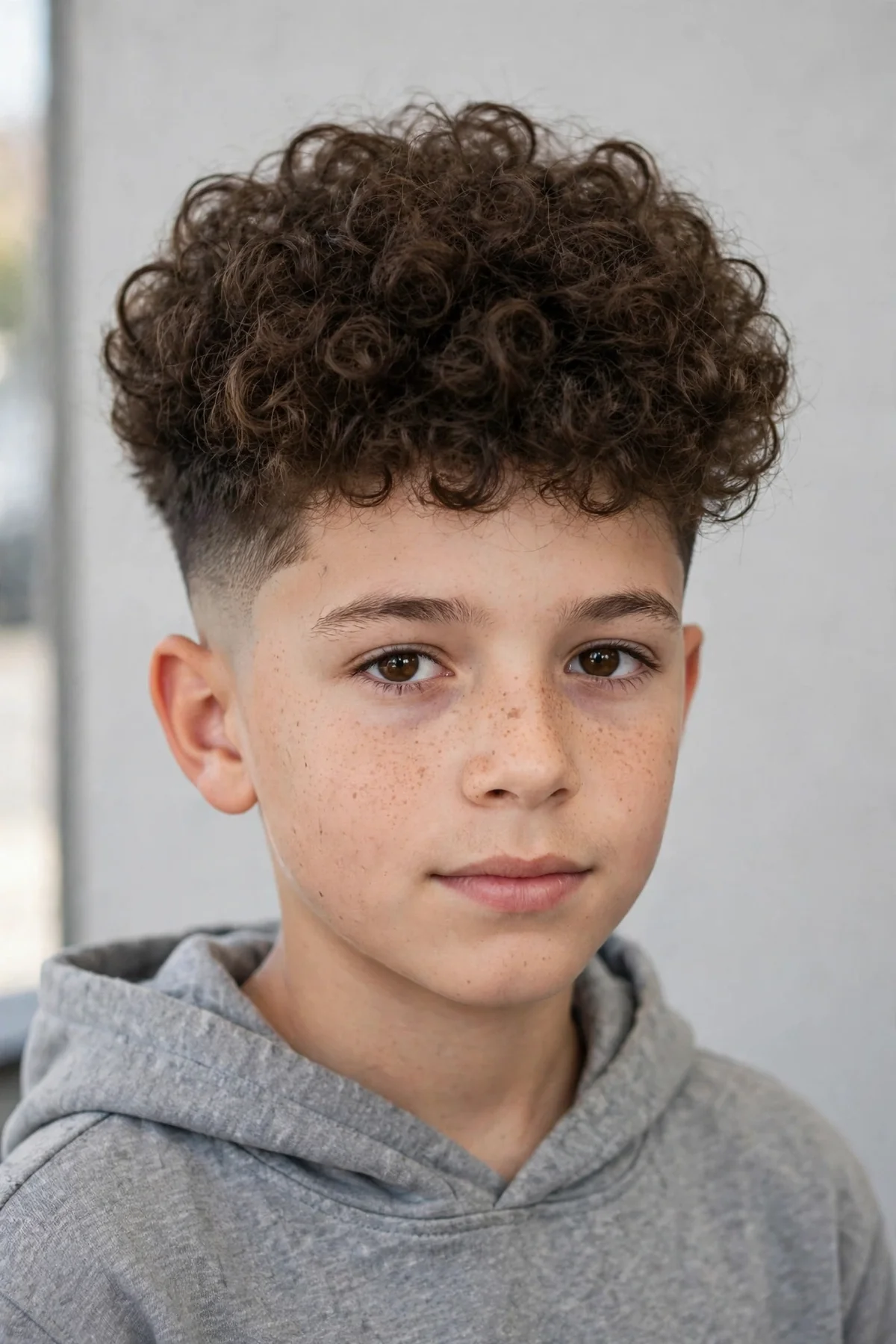 Broccoli cut boys haircut — voluminous curly textured top with short faded sides