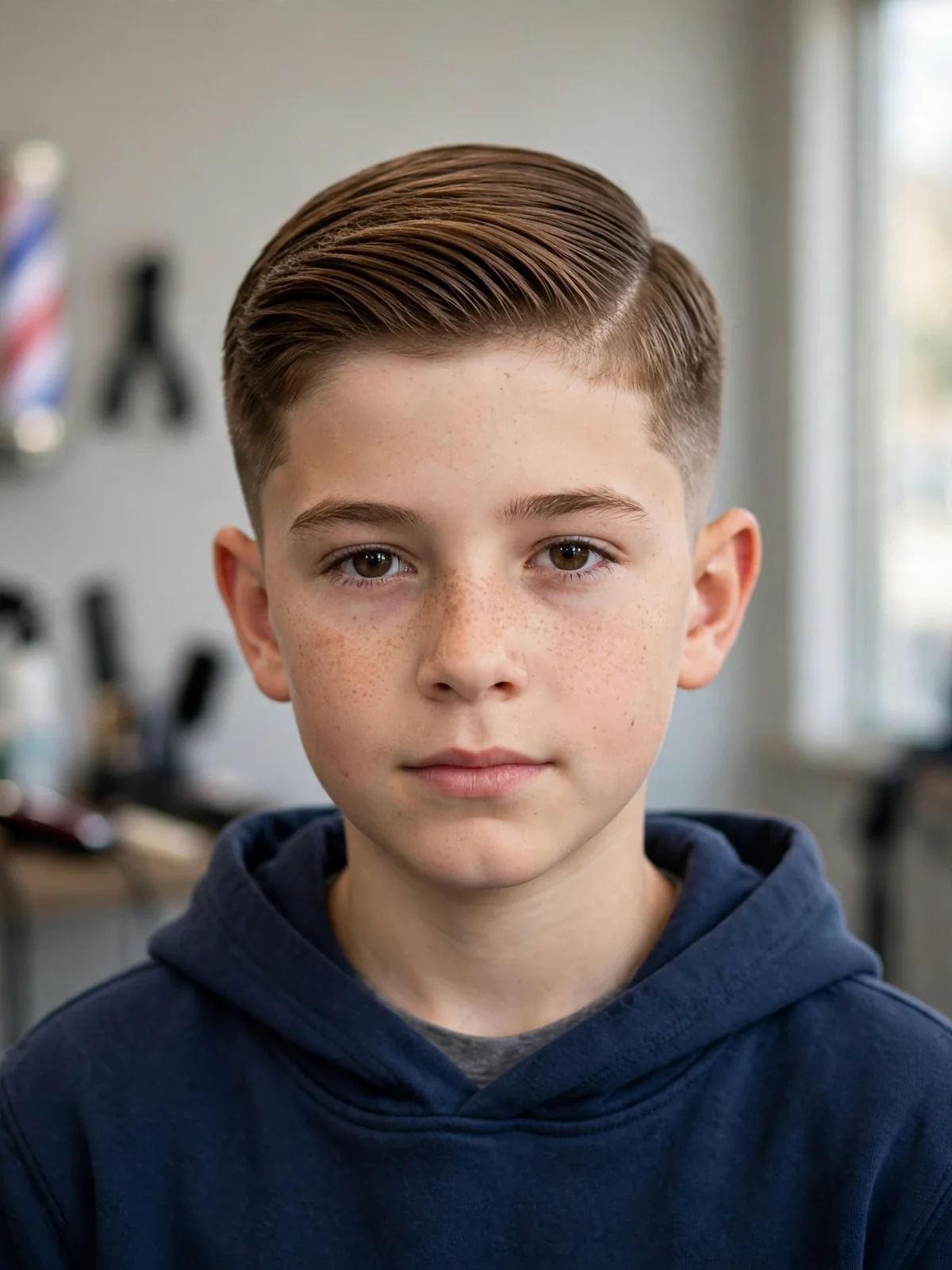 Comb over boys haircut with fade — neat combed over long top with faded sides