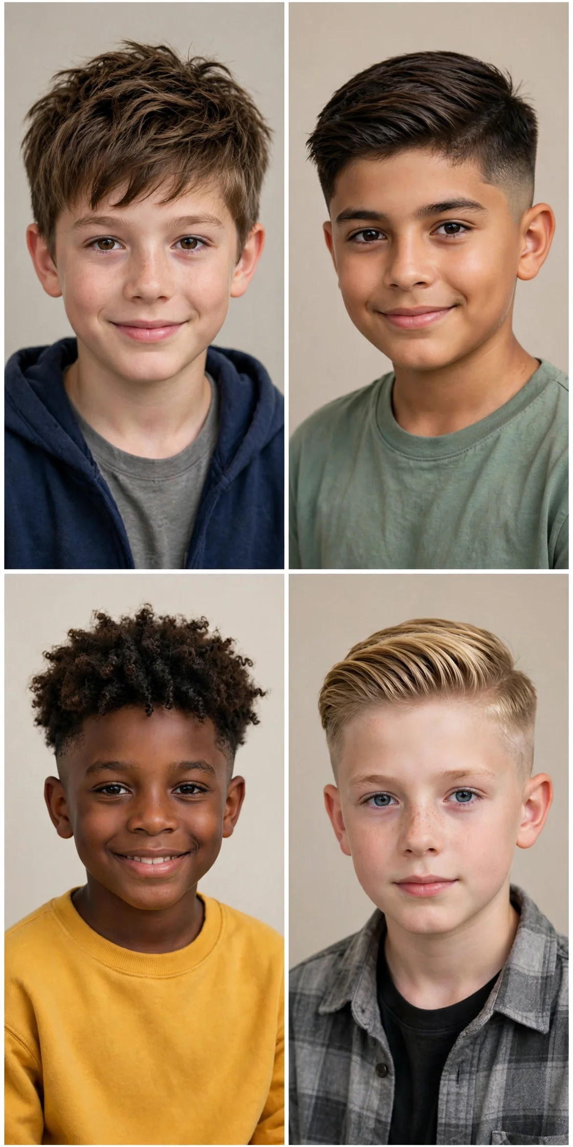 Collage of the 30 best boys haircuts long on top — textured, fade, curly and undercut styles for boys