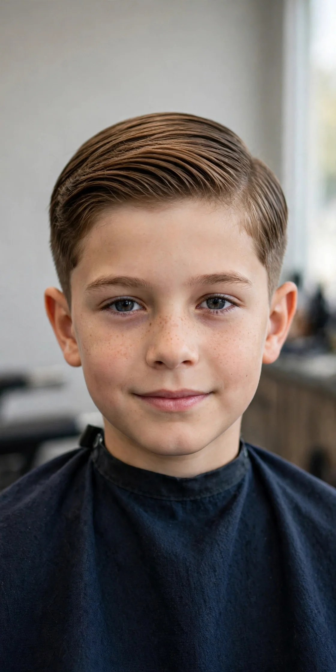 Boy with a neat side part haircut, long combed top and short tapered sides