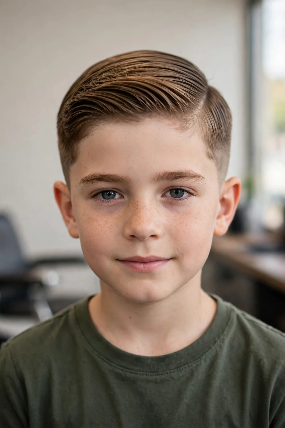 Boy with a comb over haircut, long swept top and short neat sides