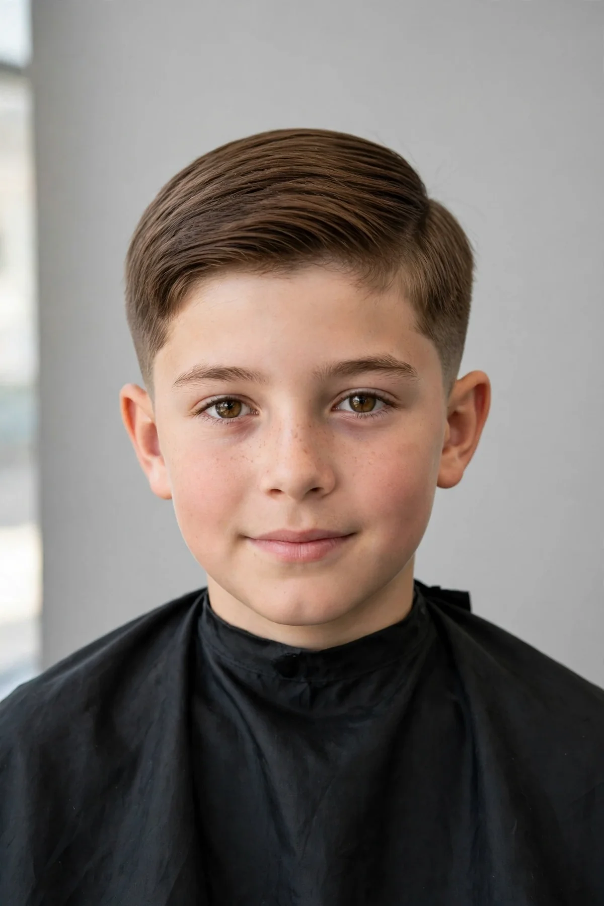 Boy with an Ivy League haircut, longer neat top with short tapered sides