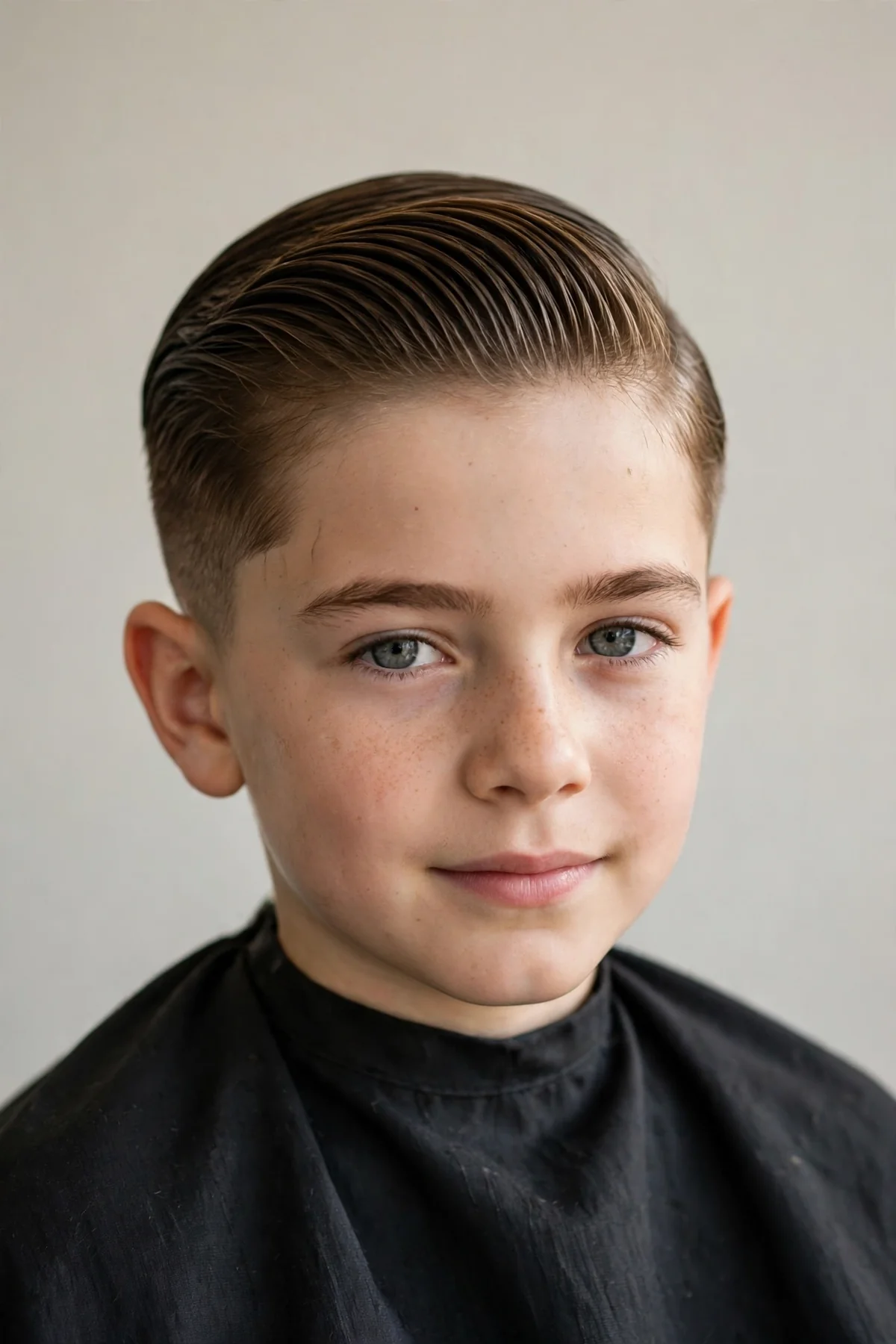 Boy with a slicked back haircut, long smooth top and short sides