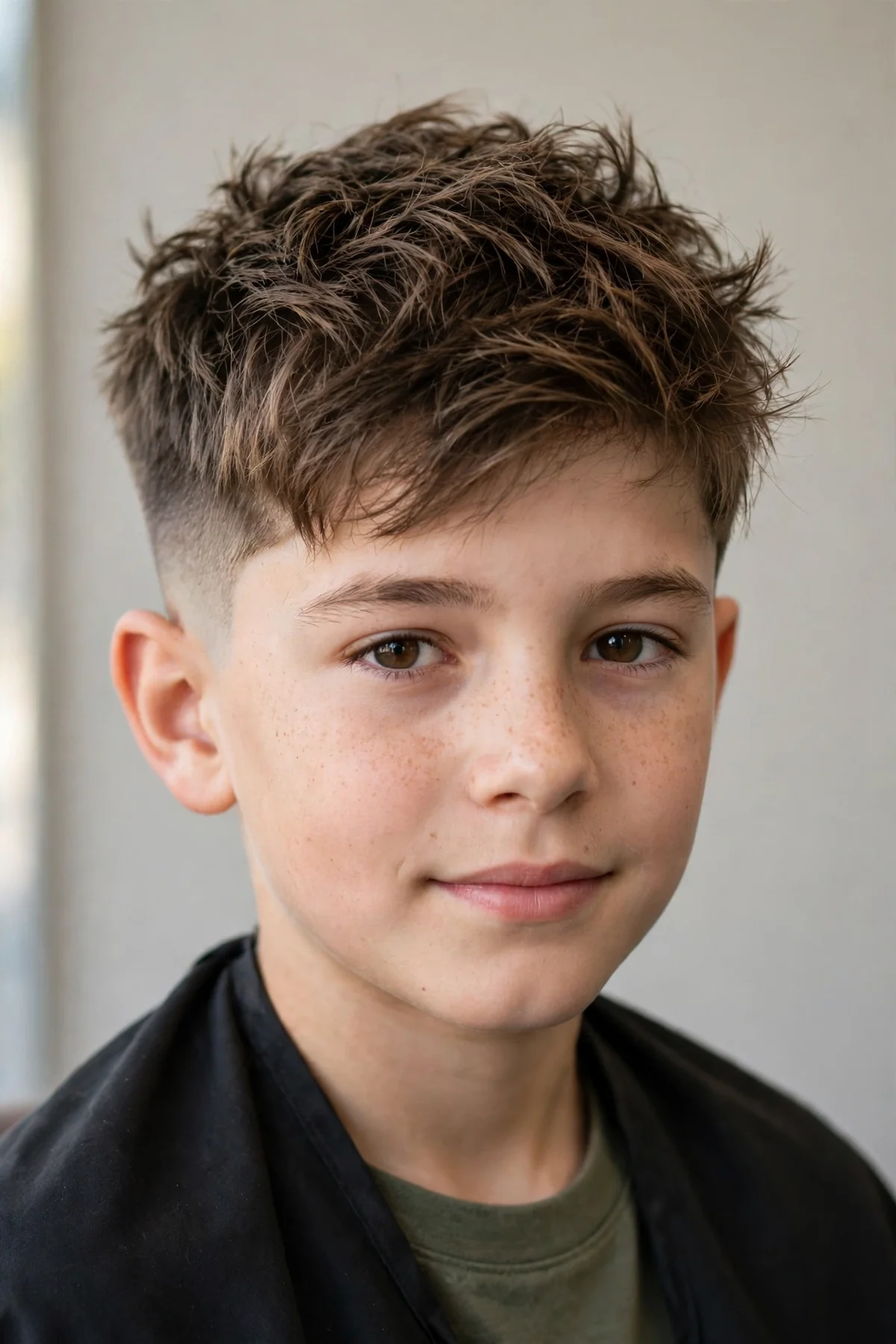 Boy with a low fade haircut and textured long top, short faded sides near the ears