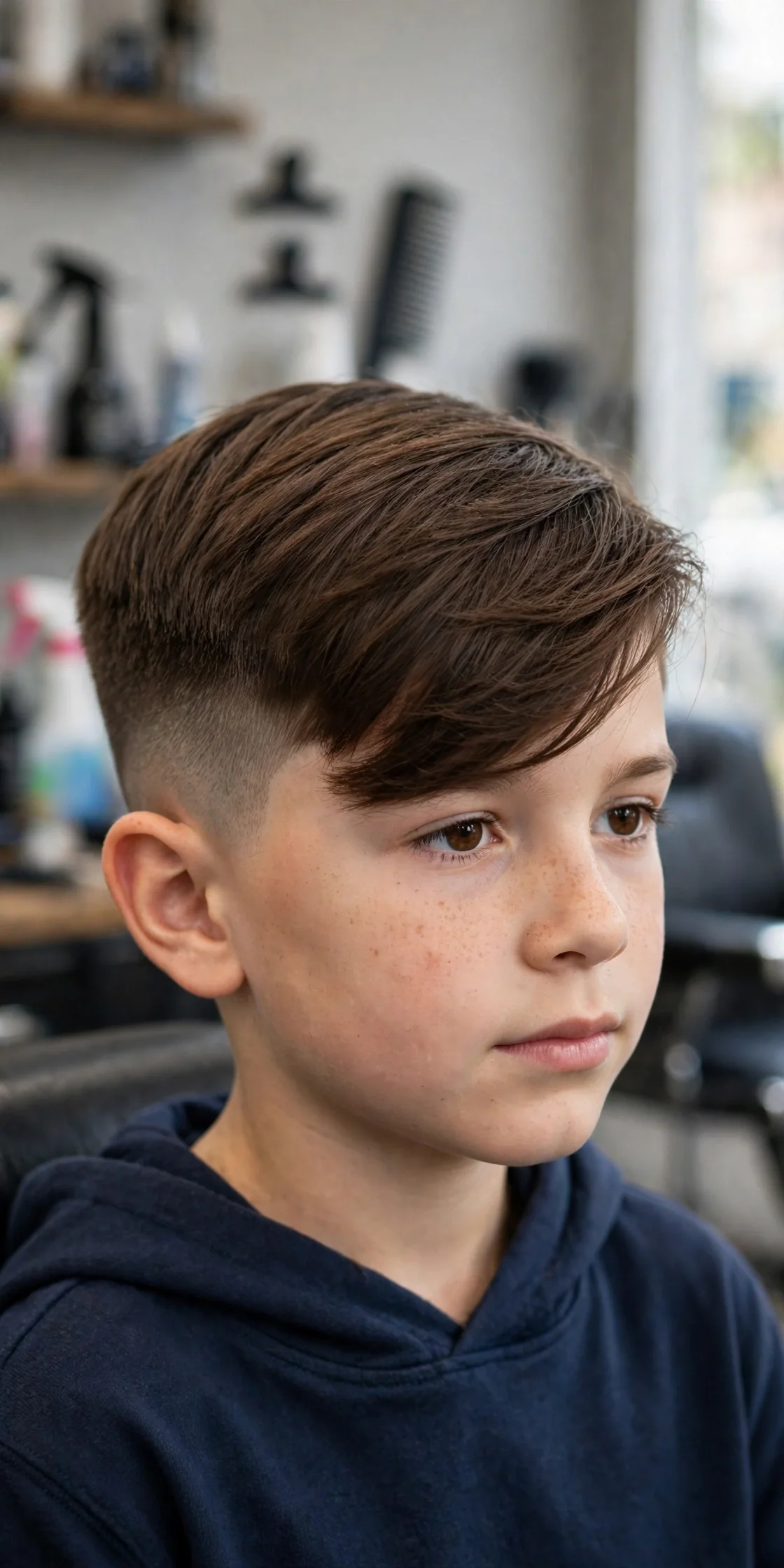 Boy with a mid fade haircut and long side-swept fringe on top