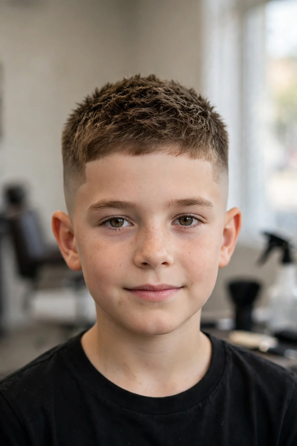 Boy with a skin fade haircut and short textured crop top, bald faded sides
