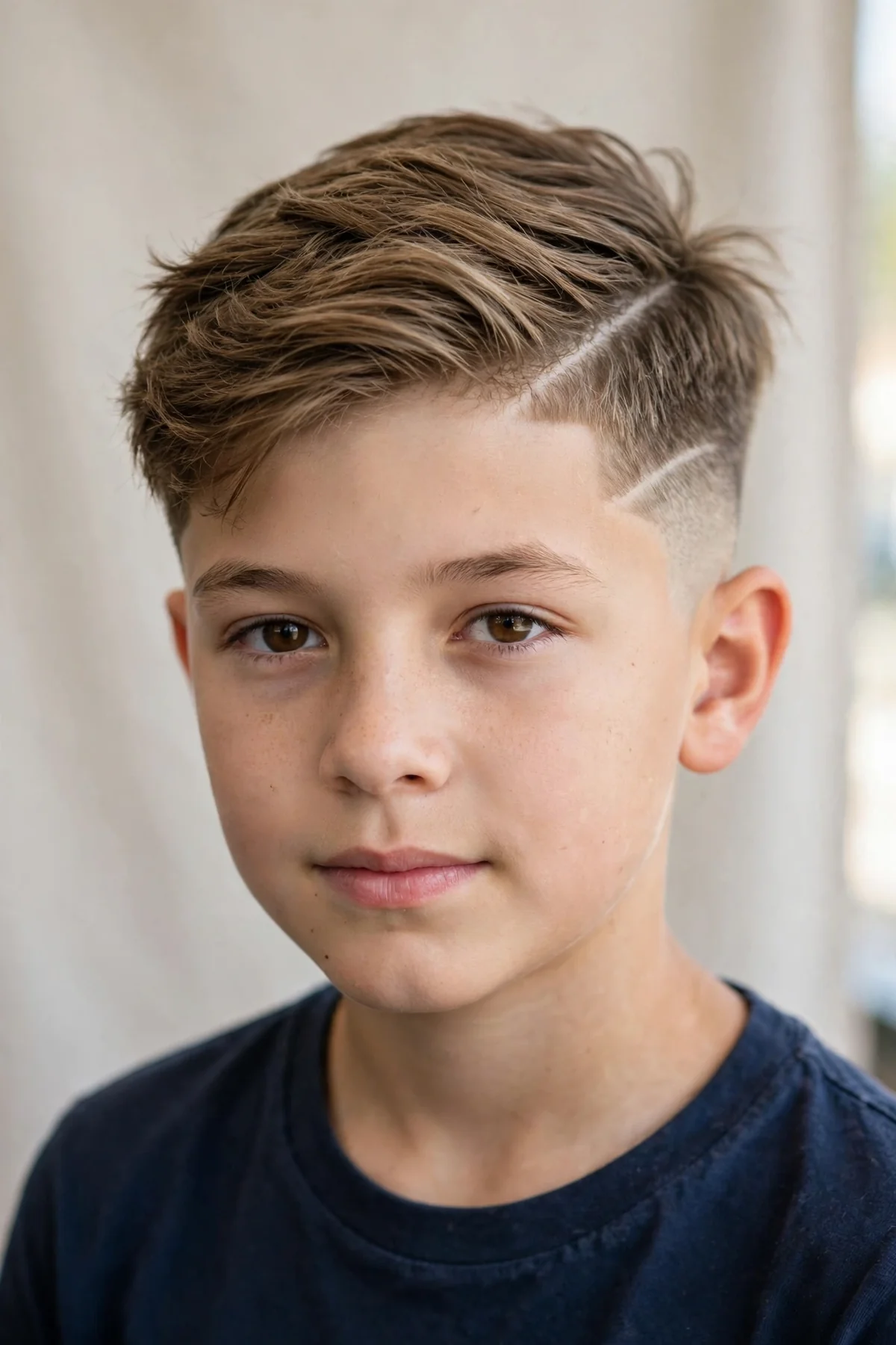 Boy with a temple fade haircut and hard part, long top with short faded temples