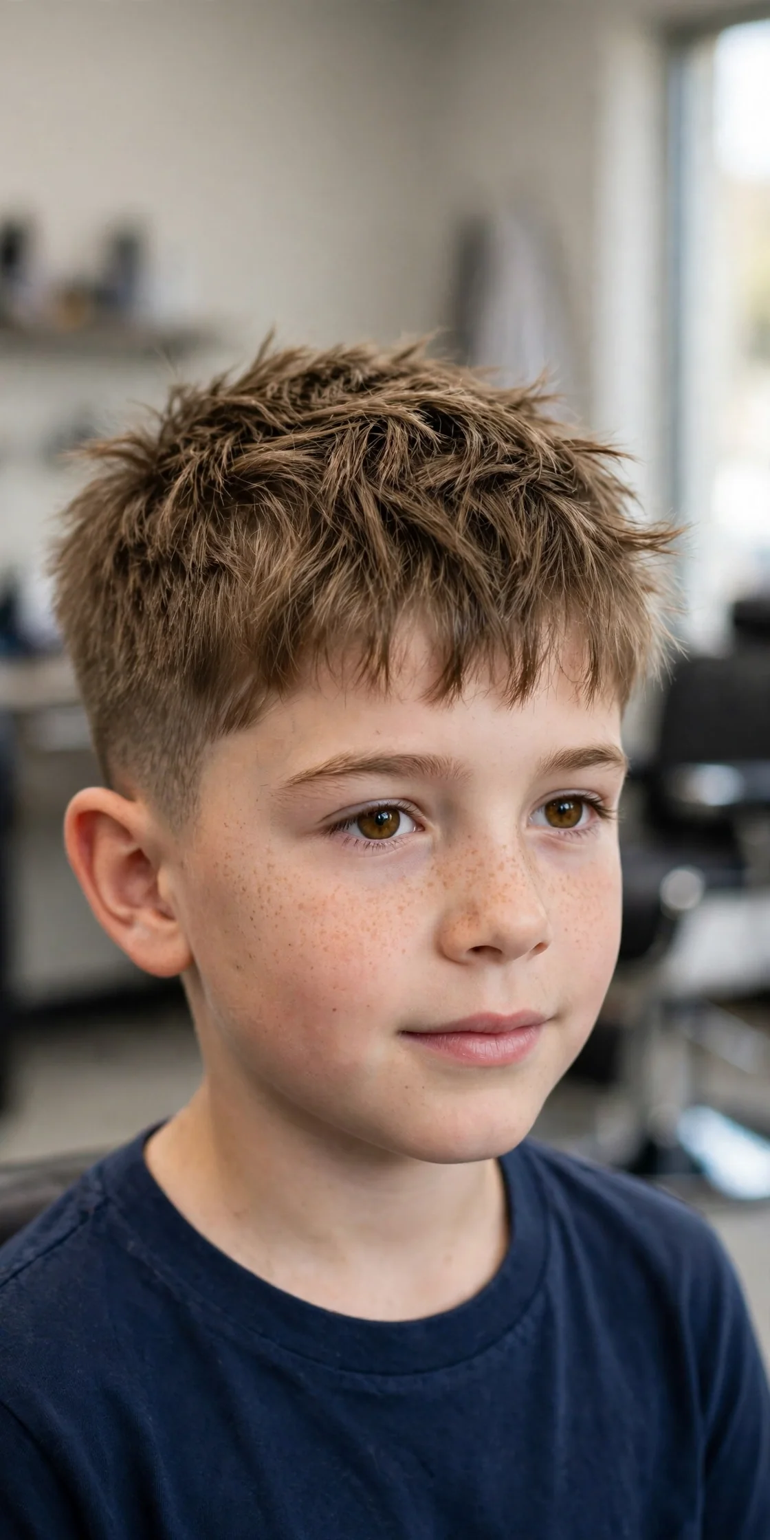 Boy with a textured crop haircut, choppy long top and short sides