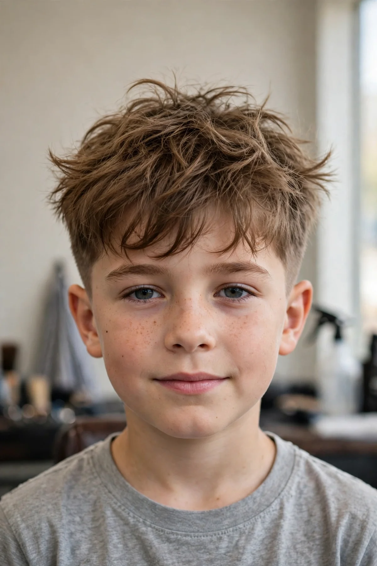 Boy with a messy tousled haircut, long messy top and short sides