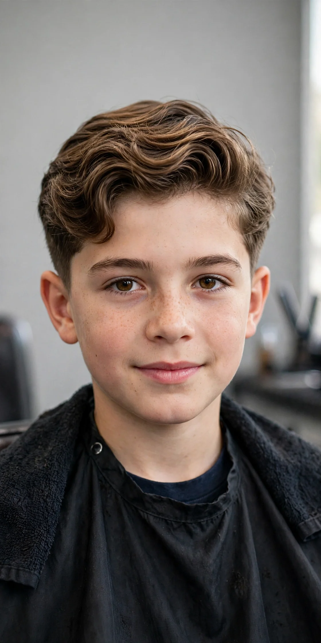 Boy with a wavy brush-up haircut, long wavy top brushed up and short sides