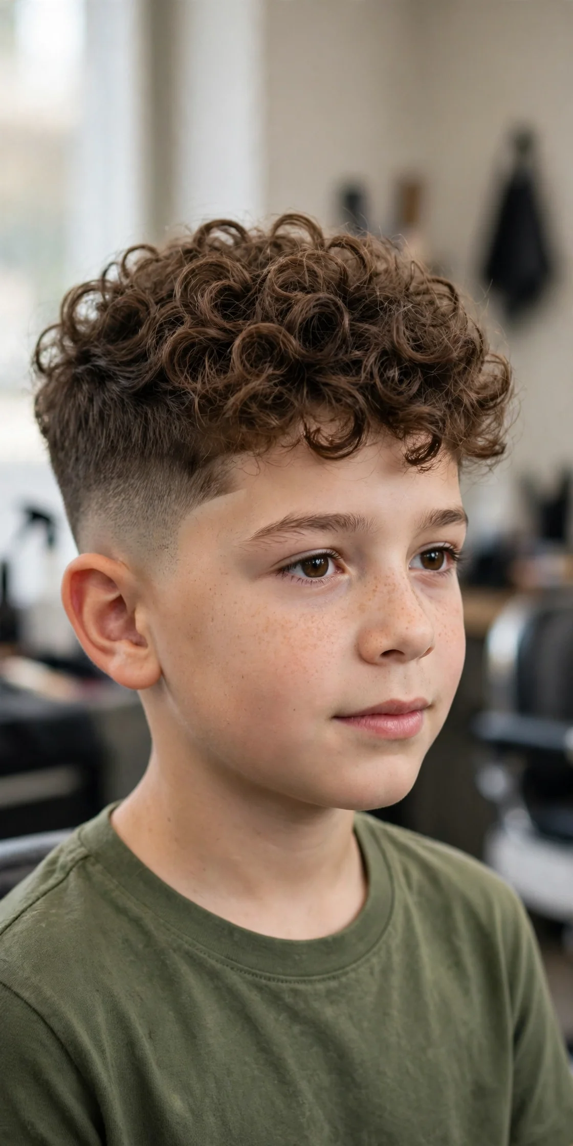 Boy with a curly top fade haircut, long curls on top and short faded sides