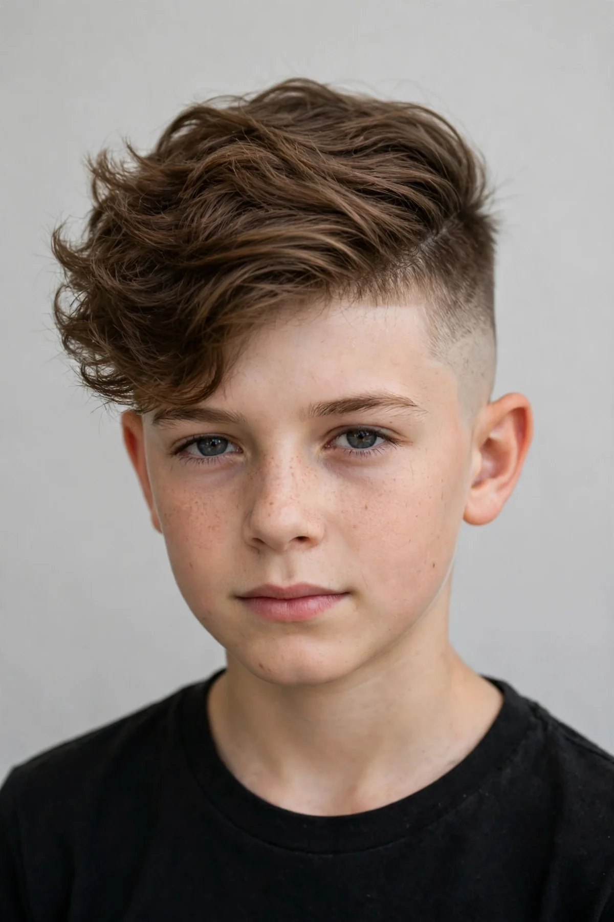 Boy with a disconnected undercut haircut, very long top and buzzed short sides