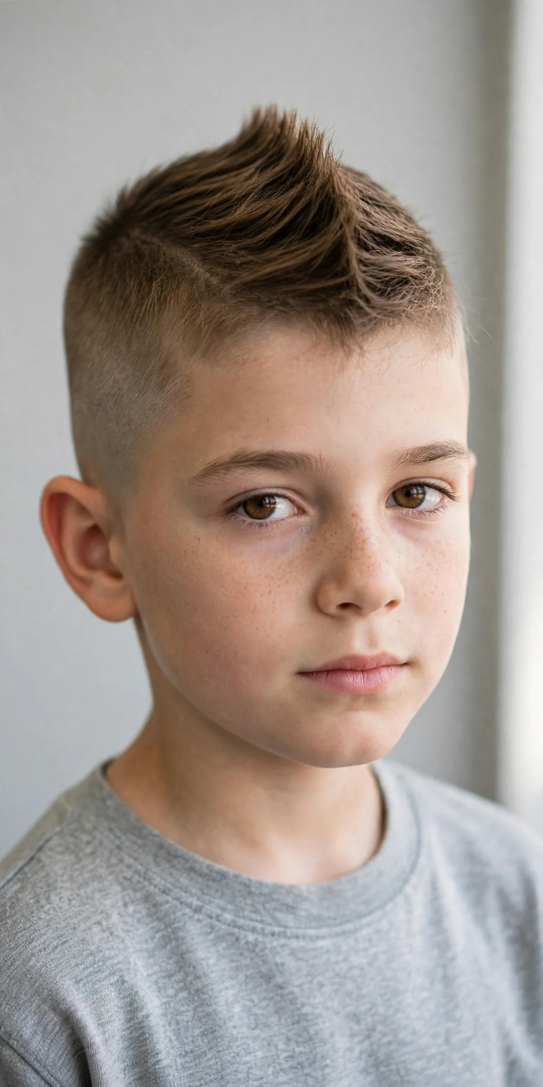 Boy with a soft mohawk fade haircut, long center strip and short faded sides