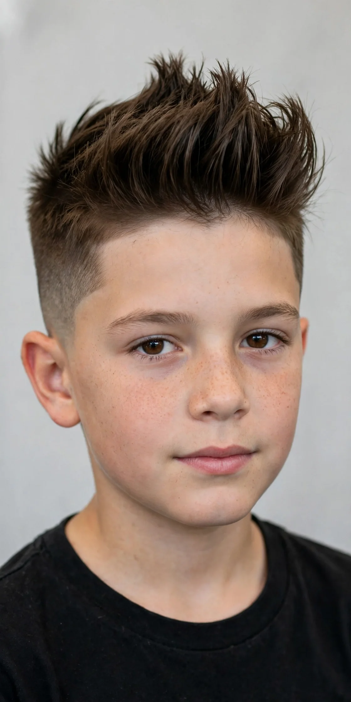 Boy with a spiky pompadour haircut, long lifted front top and short sides