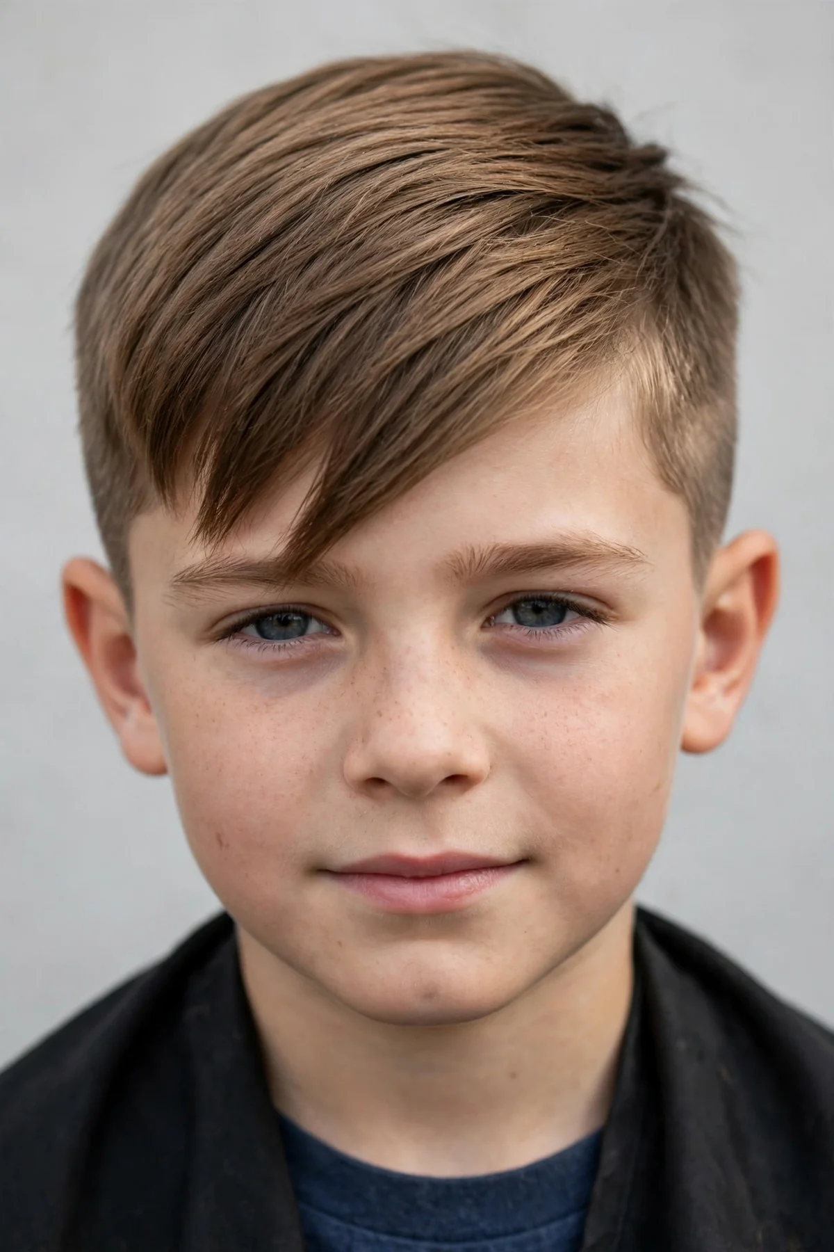 Boy with an angular fringe haircut, long angled fringe on top and short sides