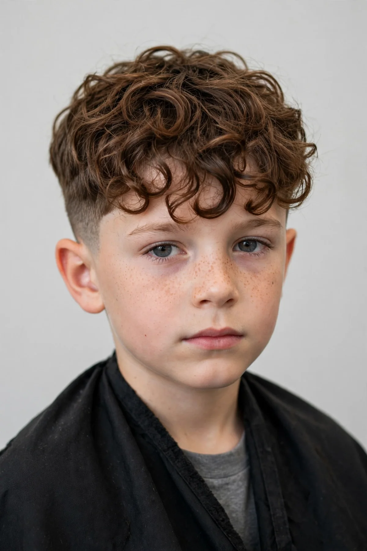 Boy with a curly fringe haircut, long curls falling on the forehead and short sides