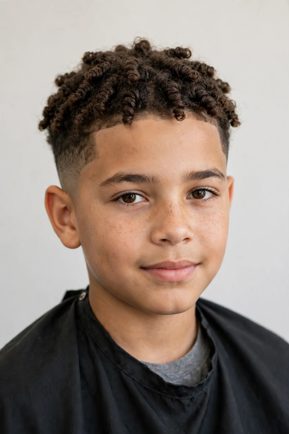Boy with twist curls haircut and low fade, defined twists on top and short faded sides