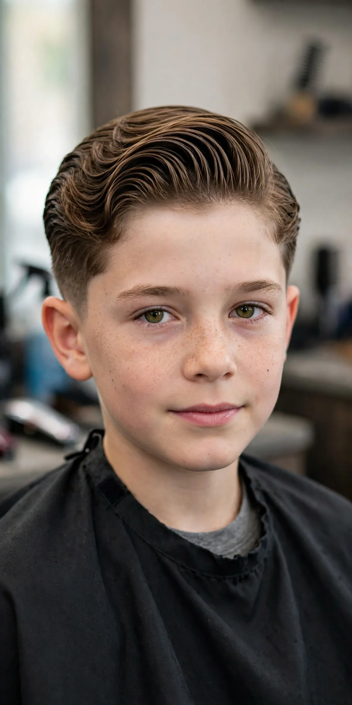 Boy with a wavy slick back haircut, long wavy top slicked back and short sides