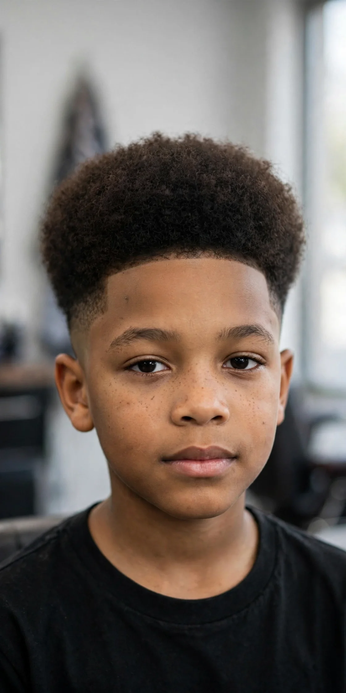 Boy with a tapered afro haircut, rounded afro top and short tapered sides