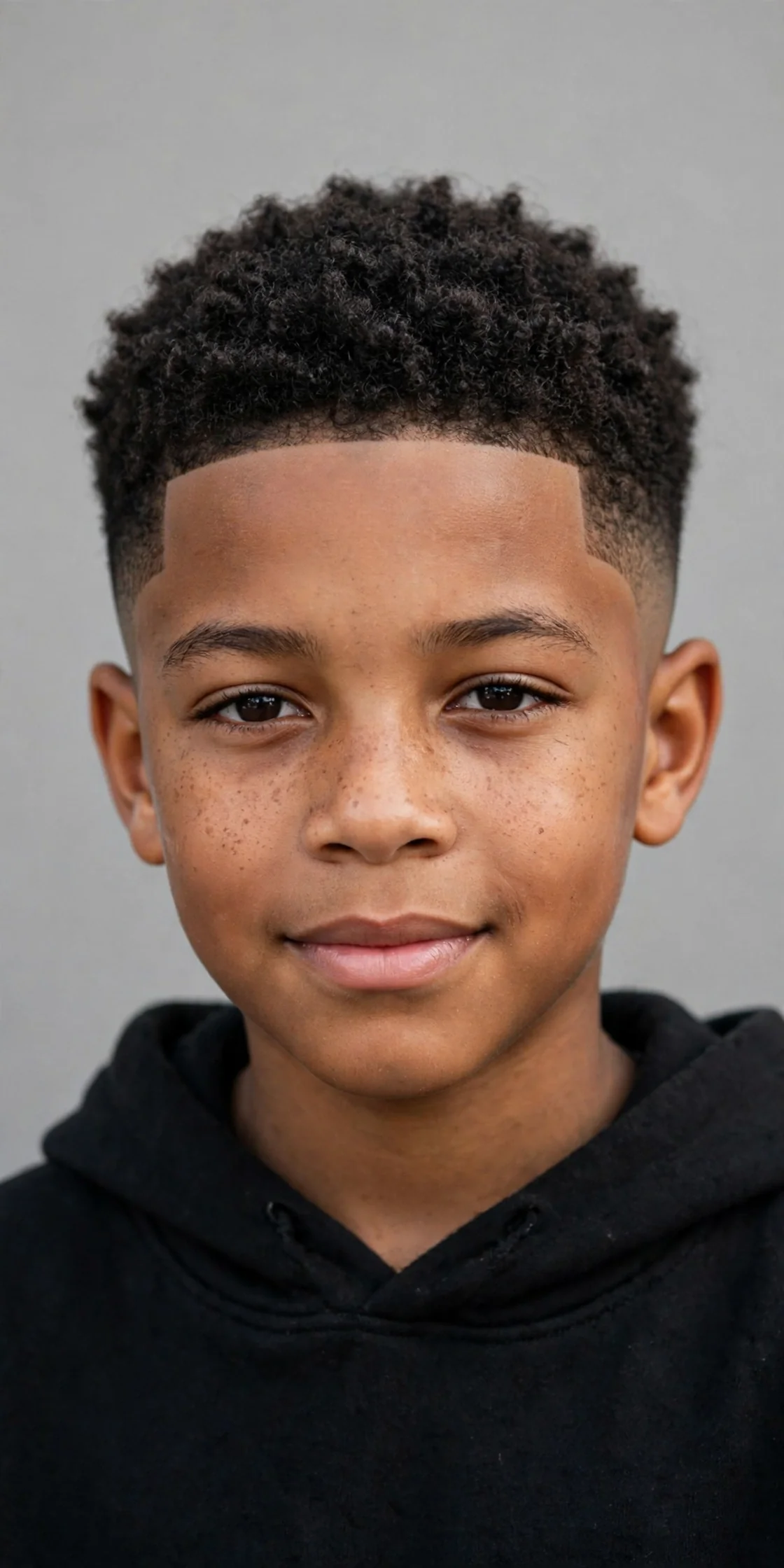 Boy with a coily top haircut and sharp line-up, short coils on top and faded sides