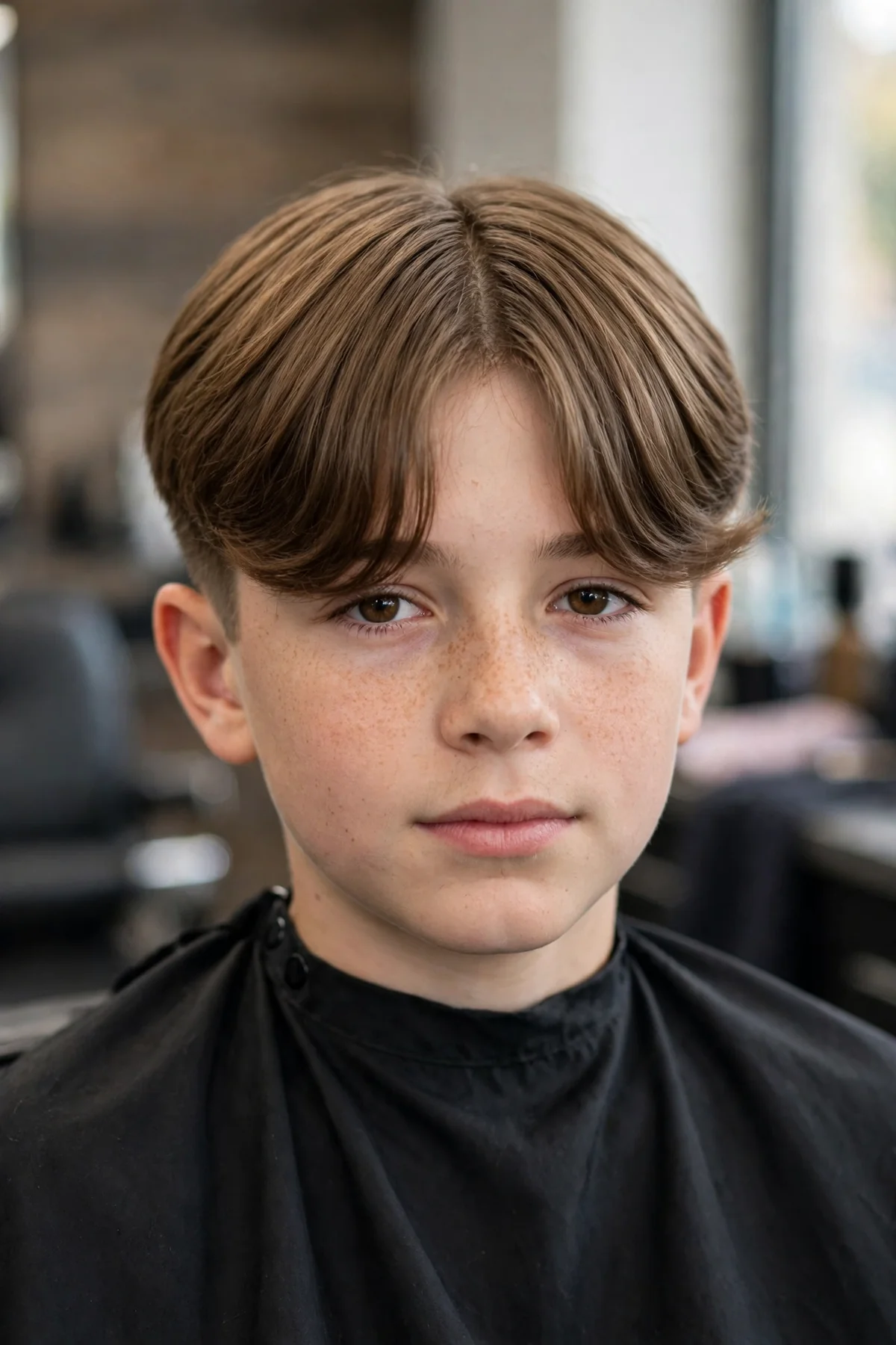 Boy with curtain bangs haircut, long middle-parted fringe and short sides