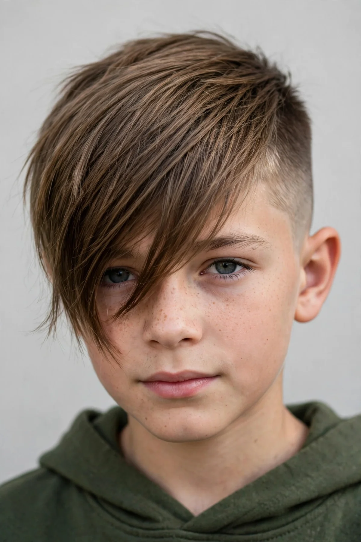 Boy with a long fringe undercut haircut, extra long fringe and buzzed short sides