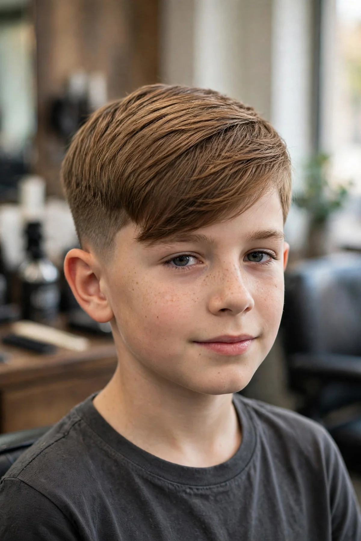 Boy with a swoop fringe haircut, long fringe swooping across the forehead and short sides