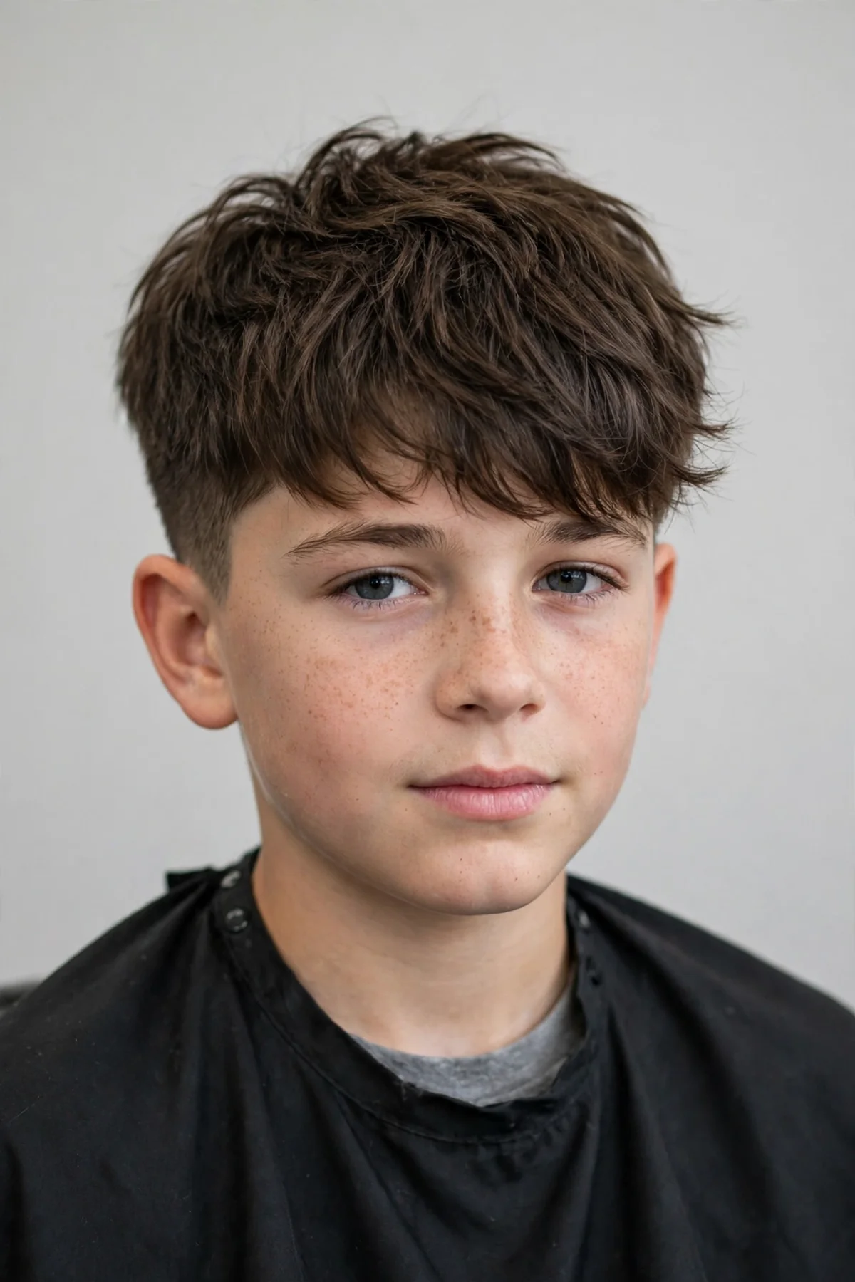 Boy with a wolf cut haircut, layered shaggy wolf top and short sides