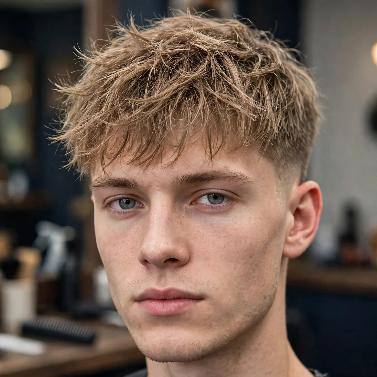 Thin-hair broccoli haircut for men — wispy textured fringe with light airy layers that add fullness, short sides.