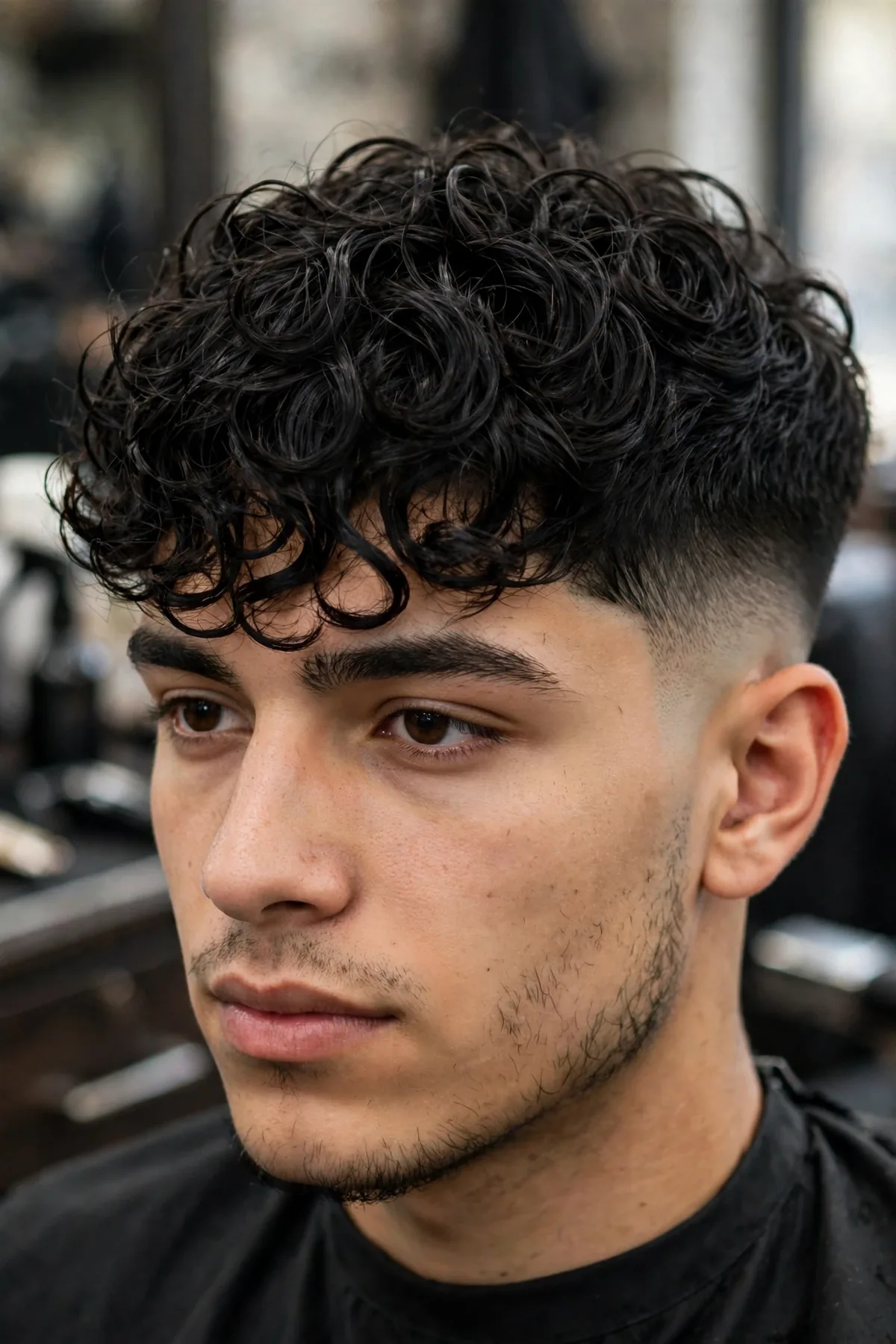Dark broccoli haircut for men — glossy jet-black curls over the forehead with sharp faded sides.