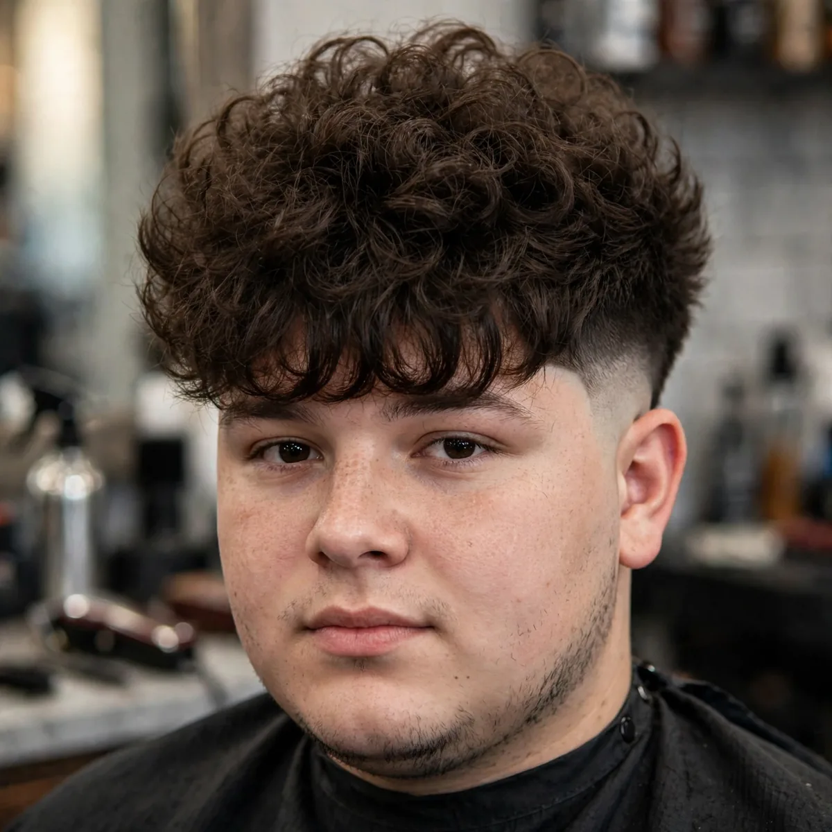 Broccoli haircut for round faces — tall voluminous curly crown that elongates the face with faded sides.