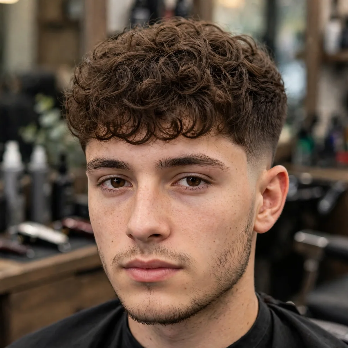 Broccoli haircut for oval faces — balanced medium-volume curly top proportioned to the face with tapered sides.