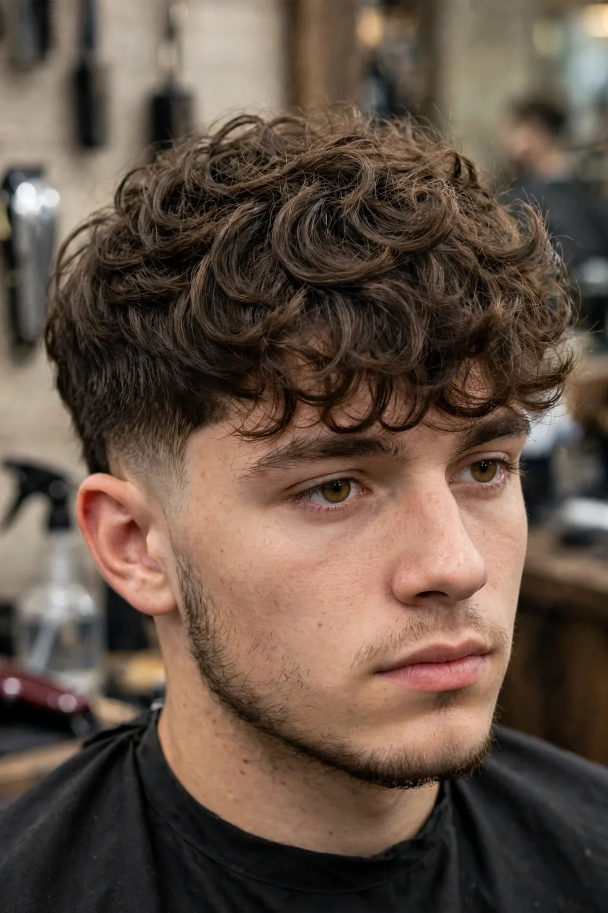 Layered broccoli haircut for men — graduated layers in the curly top creating movement and shape with blended sides.