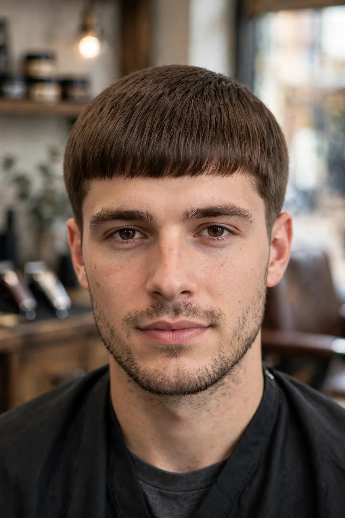 Classic Caesar haircut for men — even one-inch length all over with a straight fringe brushed forward