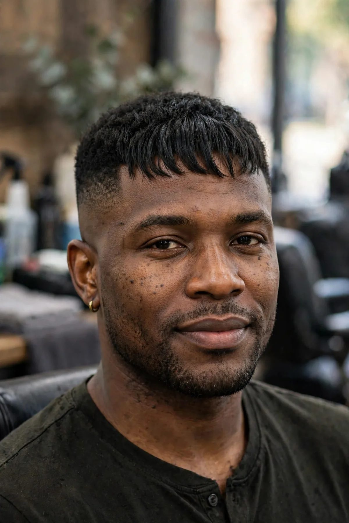 Caesar fade haircut for men — short forward fringe with a crisp mid fade on the sides