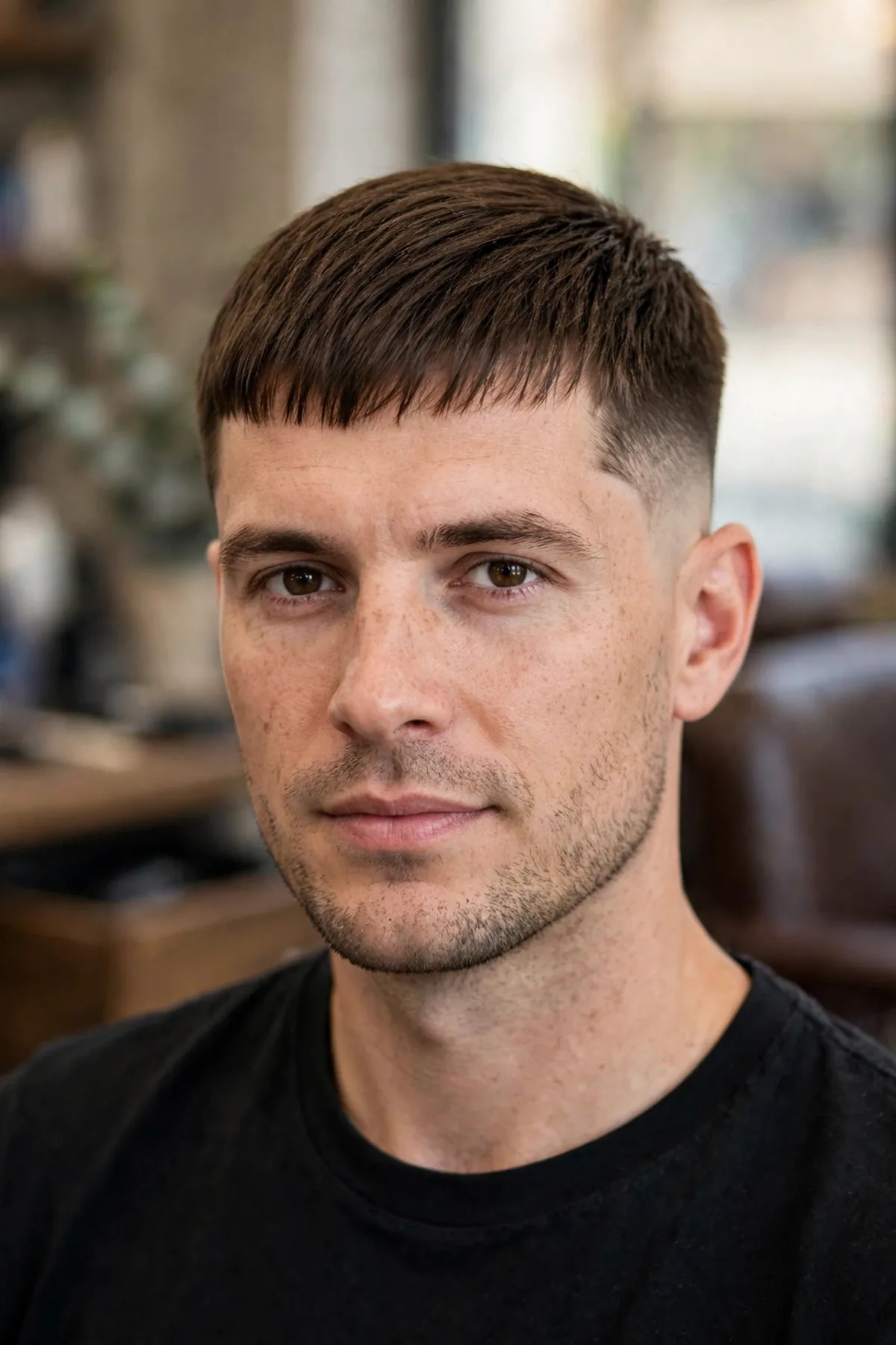 Low Caesar haircut for men — neat short fringe with a low fade hugging the ears