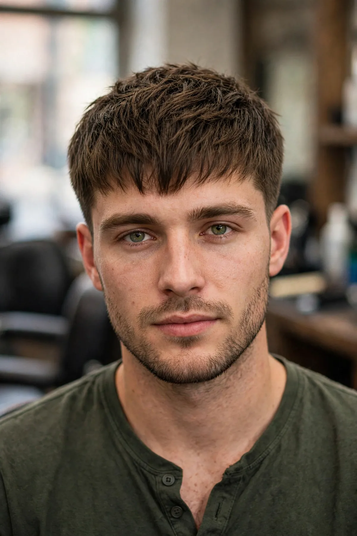 Textured Caesar haircut for men — point-cut choppy layers on top with a matte finish