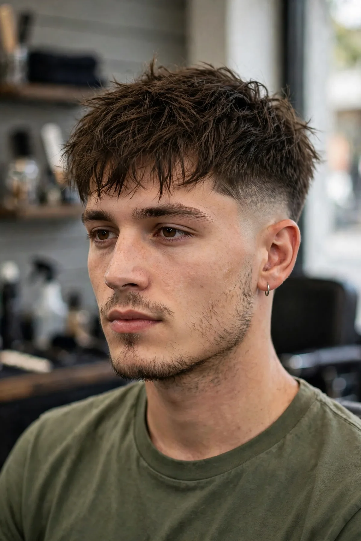 Messy Caesar haircut for men — tousled textured top pushed forward with faded sides