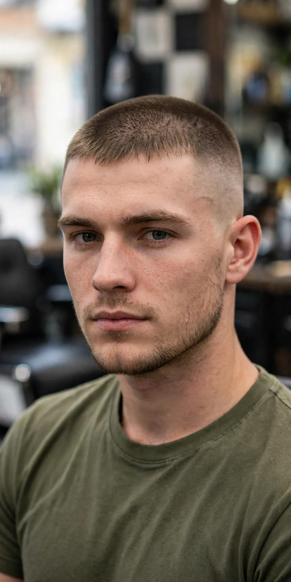Short Caesar haircut for men — buzzed close-cropped top with a hint of forward fringe and skin fade