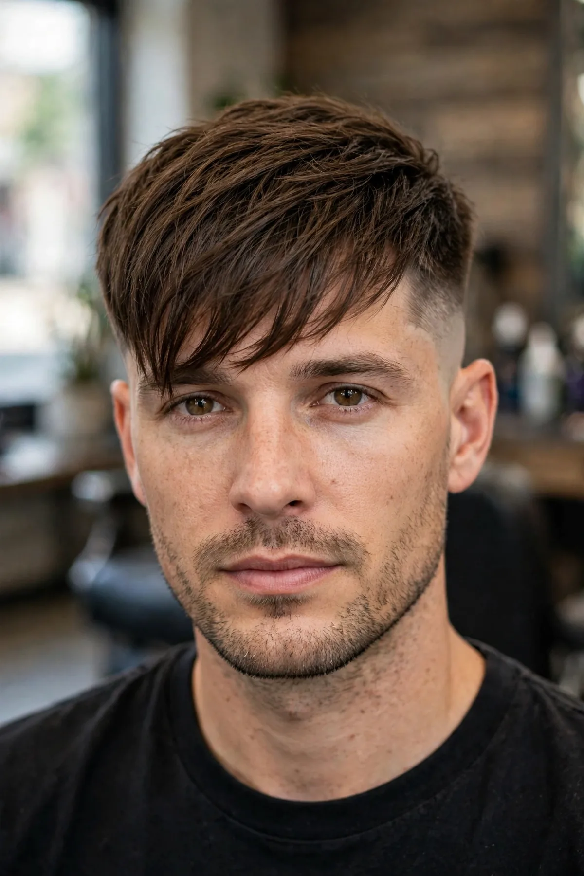 Long Caesar haircut for men — longer textured top swept forward with faded sides