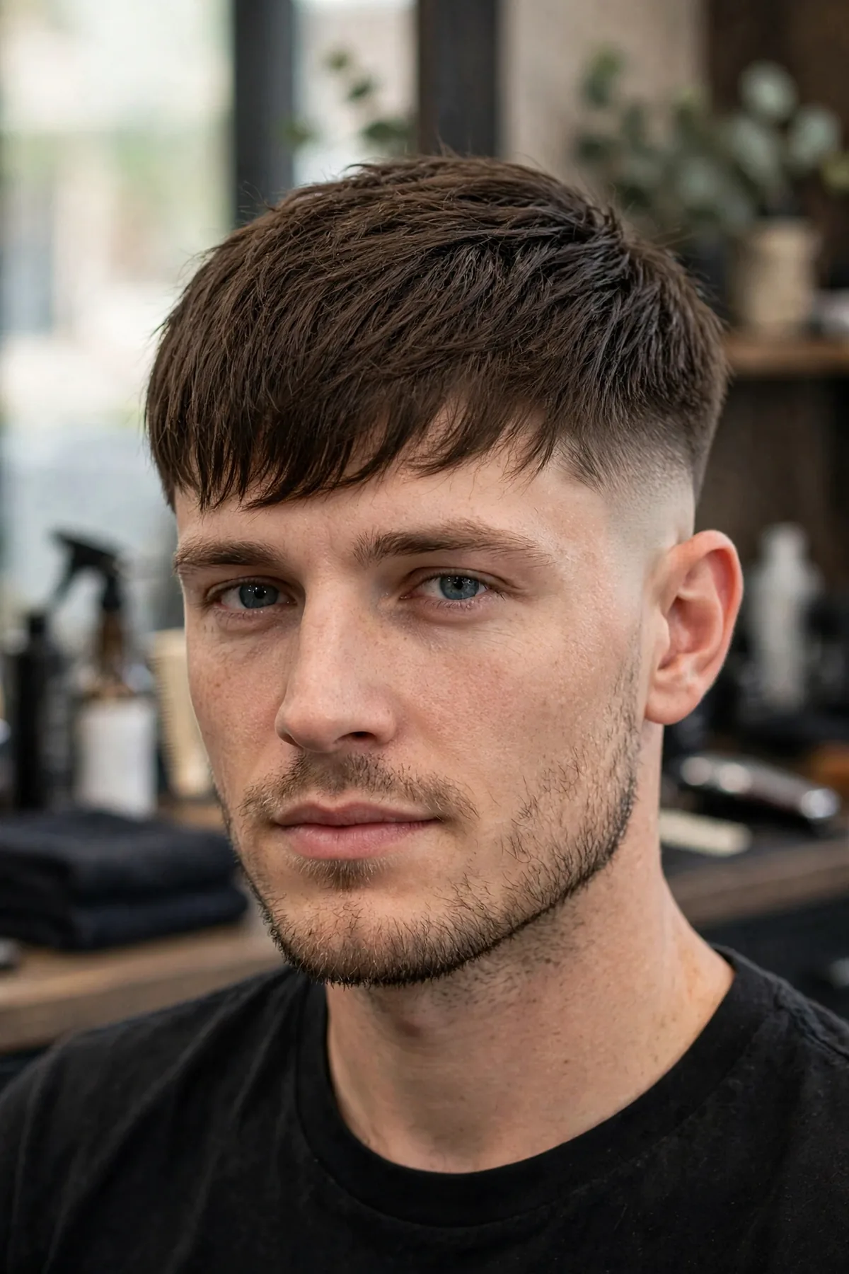 Caesar undercut haircut for men — longer fringe top with a disconnected sharp undercut