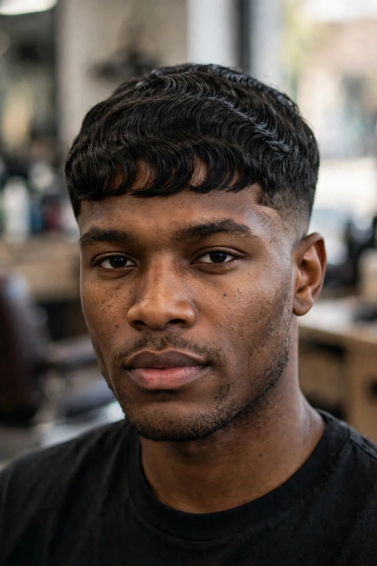 Dark Caesar haircut for Black men — natural waves styled forward with a sharp taper fade