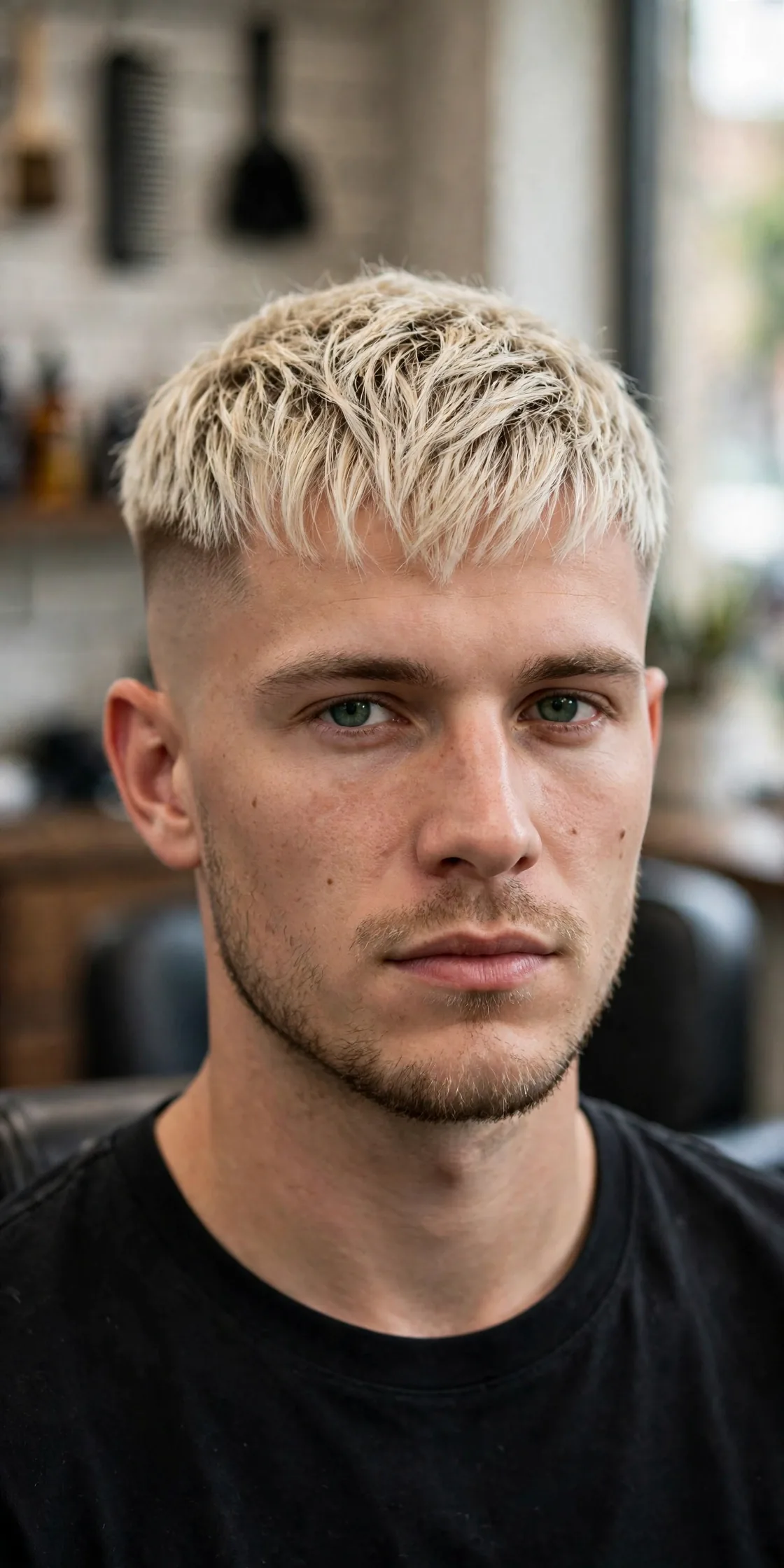 Blonde Caesar haircut for men — bleached textured top with a high bald fade